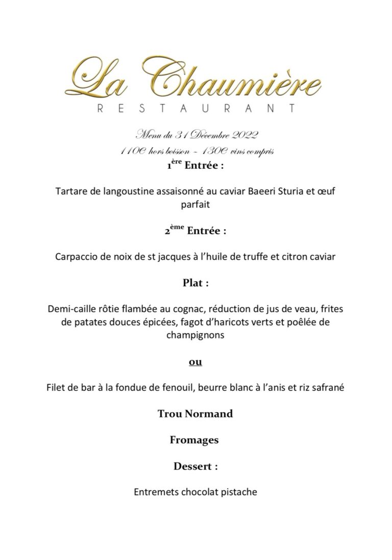 Menu du 31 décembre Restaurant la chaumière