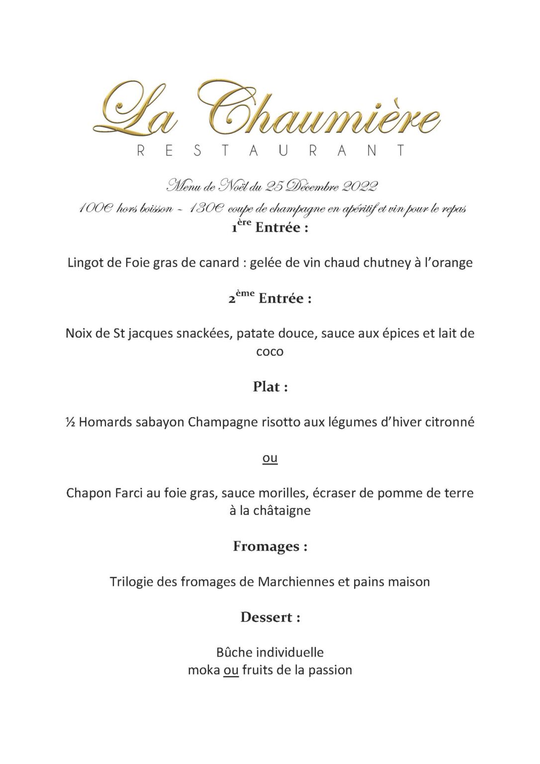 Menu de Noël Restaurant la chaumière