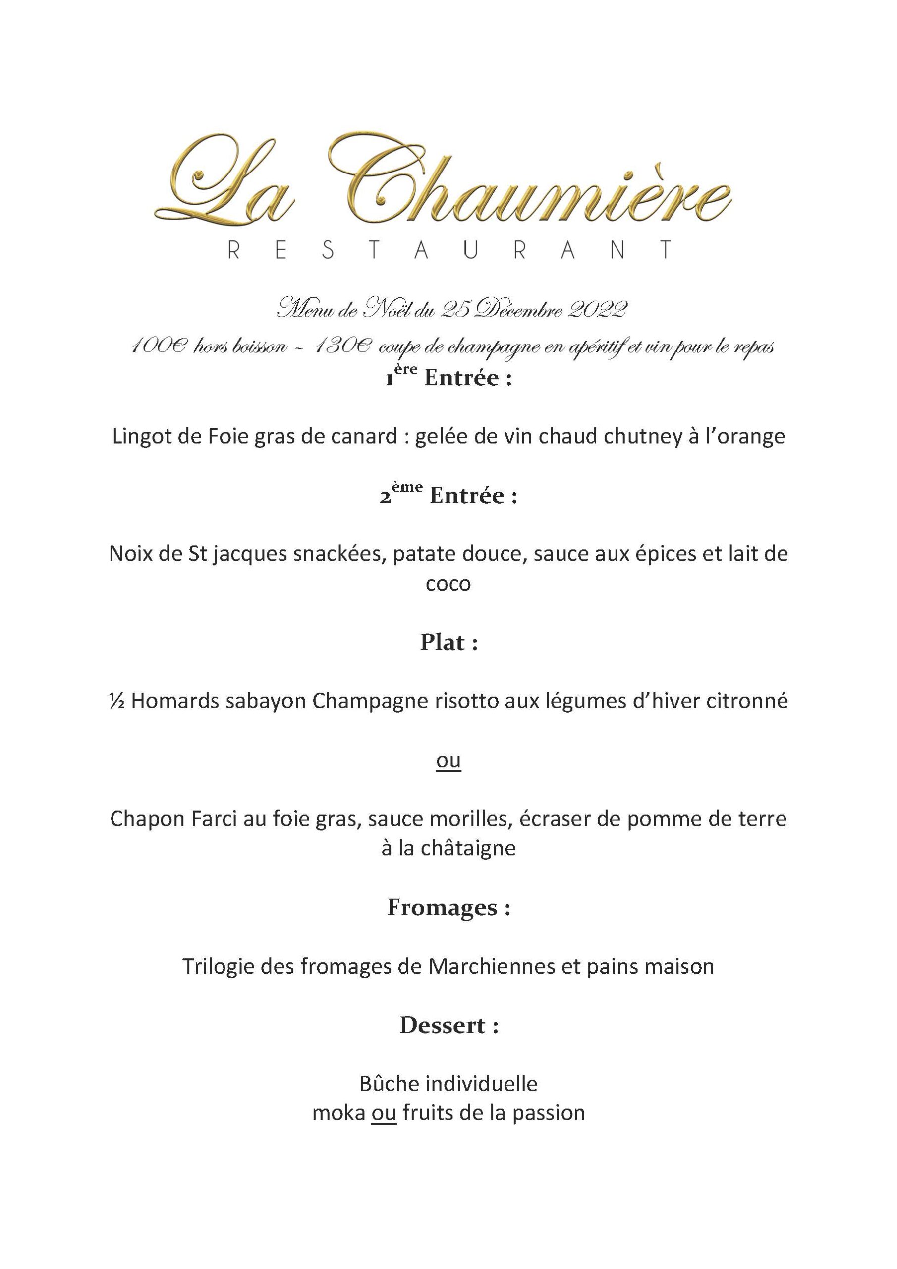 Menu de Noël Restaurant la chaumière