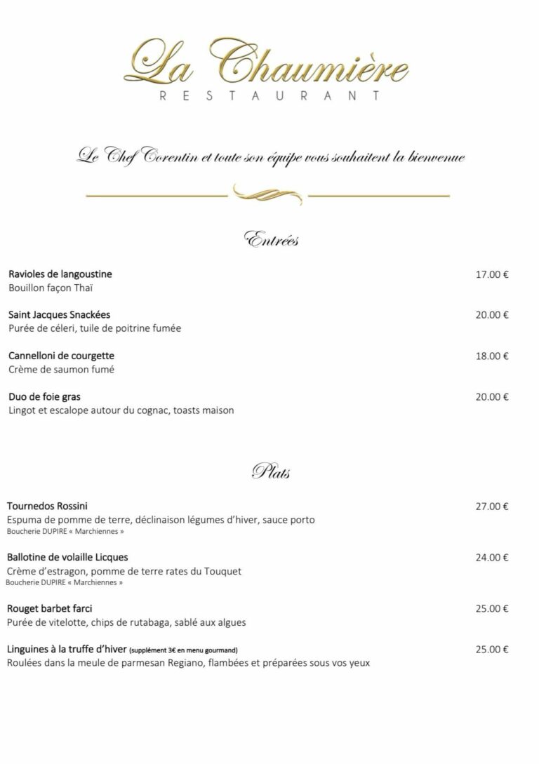 Menu Restaurant la chaumière