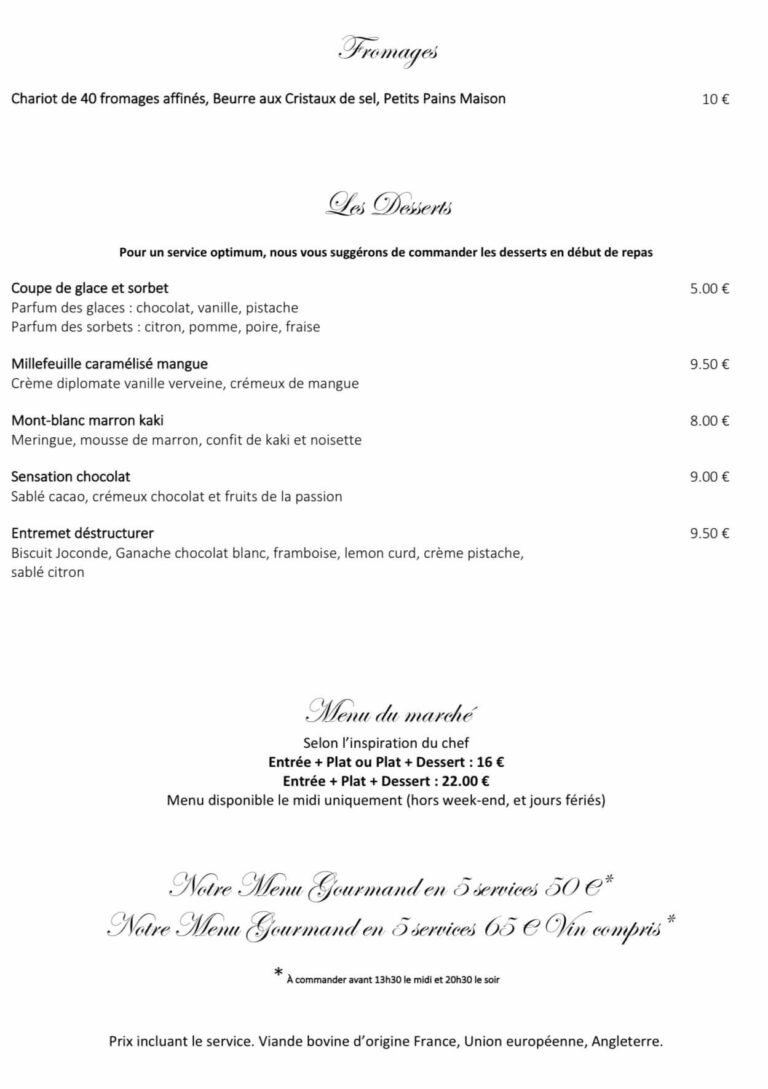 Menu Restaurant la chaumière